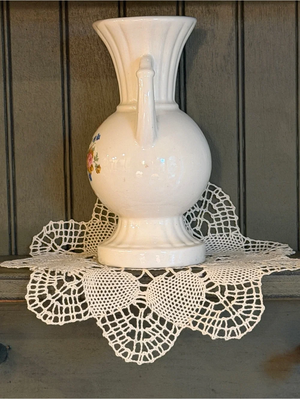 Vintage Floral, Double Handle, Ceramic Vase. Cottage Chic Decor. G21